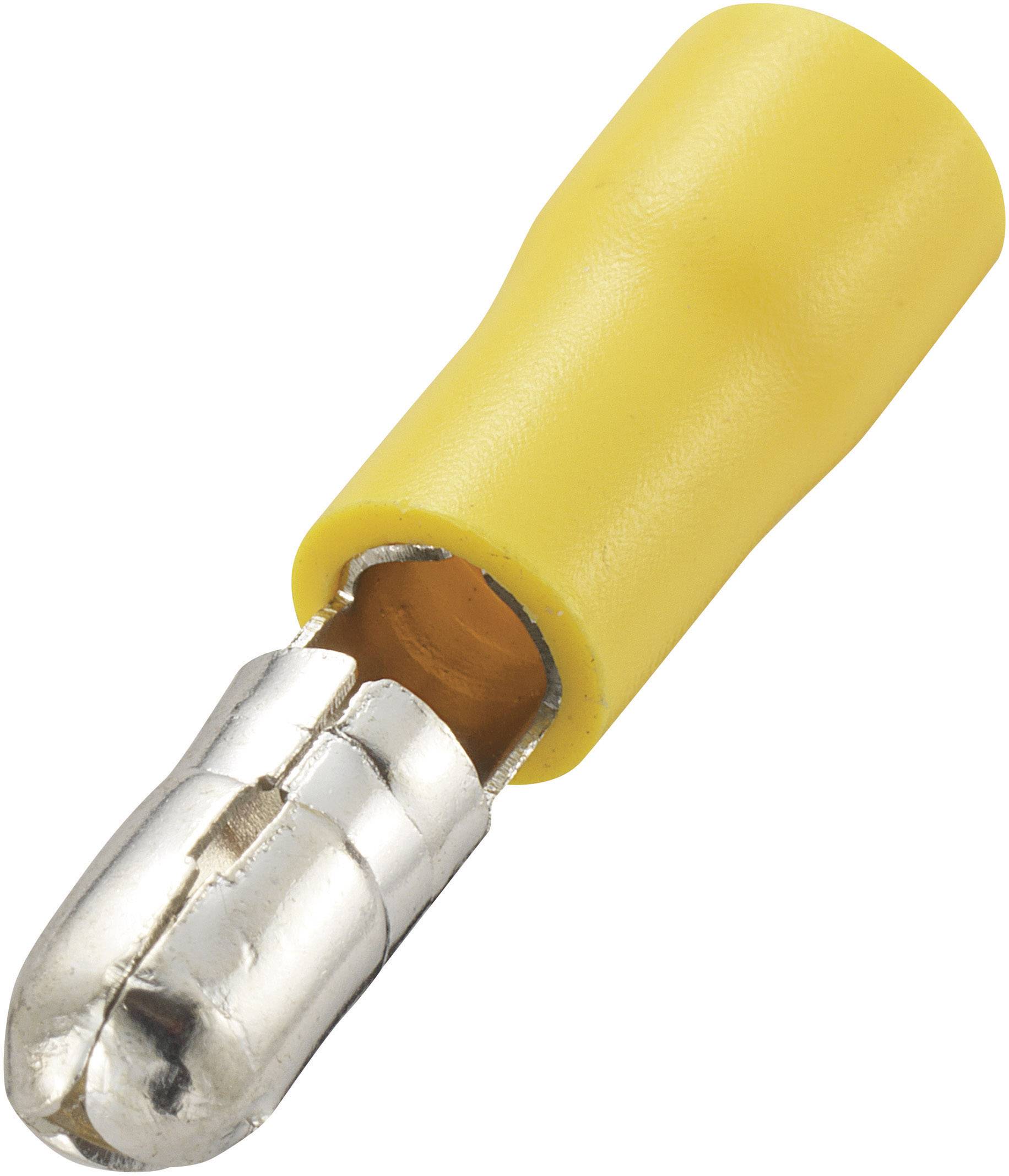 Connecteur jaune avec embout de contact métallique, adapté aux applications électriques.