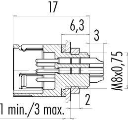 Dessin technique d'un connecteur avec les dimensions suivantes : longueur 17 mm, largeur 6,3 mm, filetage M8x0,75, longueur minimale 1 mm.