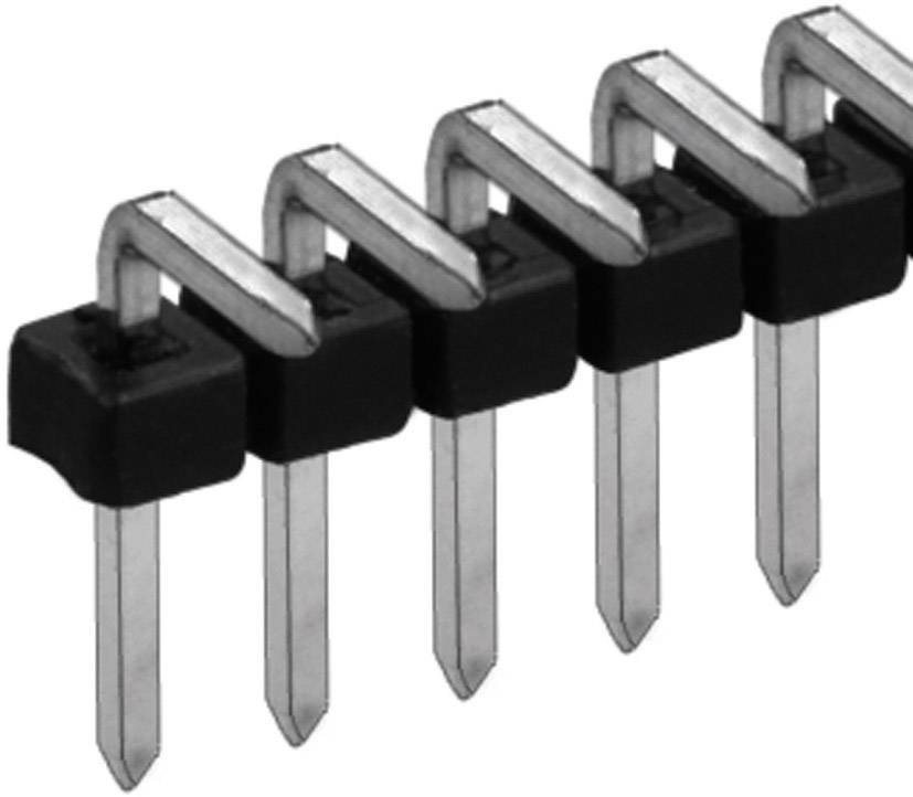 Plusieurs broches métalliques droites dans un support en plastique noir, utilisées comme barrette de broches en série dans les circuits électroniques.