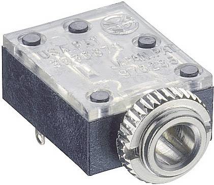 Un connecteur audio métallique carré vu de profil, avec un bord strié et plusieurs vis sur le dessus.