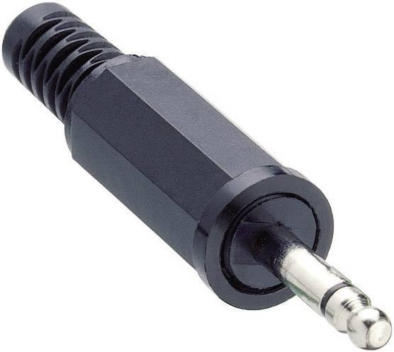 'Gros plan d'une prise jack 3,5 mm avec boîtier en plastique noir et embout métallique, adaptée aux connexions de câbles audio.'