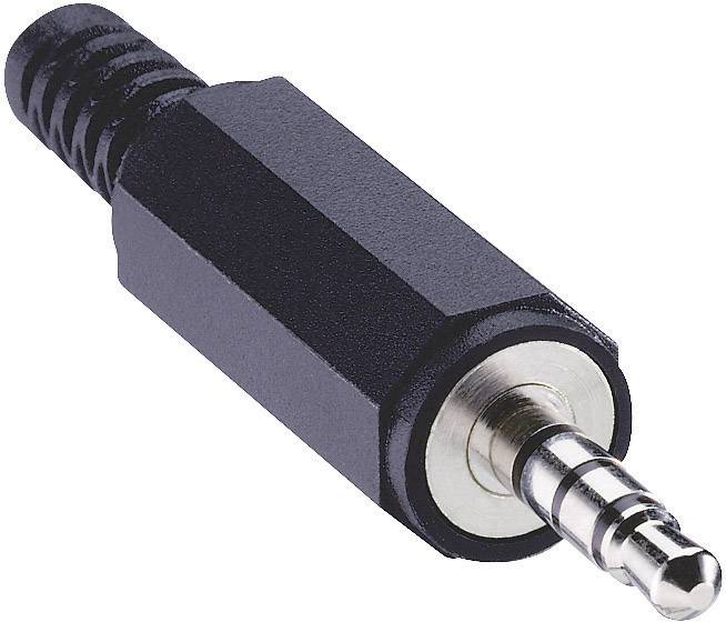 Fiche jack 3,5 mm noire, à orientation latérale, avec embout métallique et poignée en plastique texturée ; utilisée pour connecter des appareils audio.