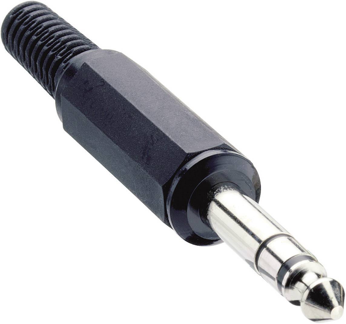 Une fiche jack noire avec embout métallique, souvent utilisée pour les connexions audio.