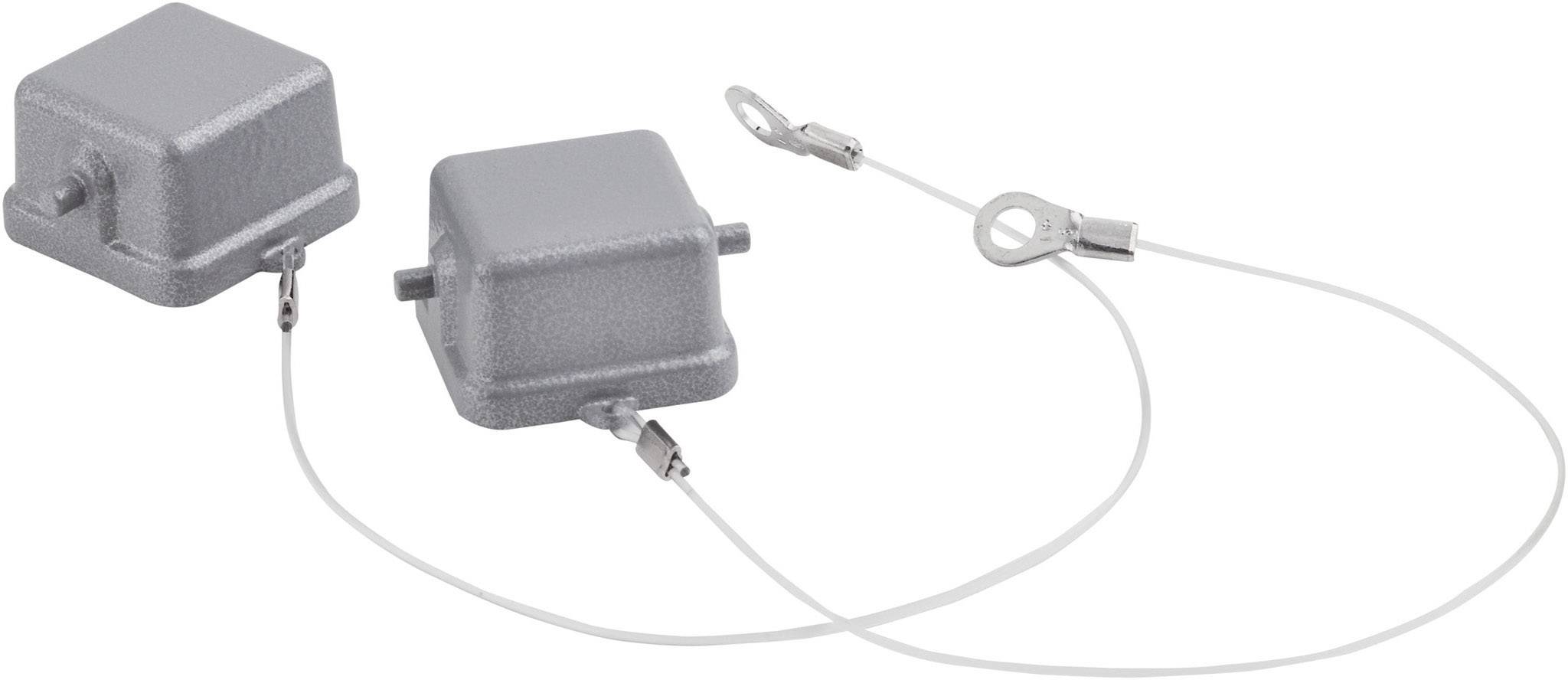 Deux capuchons en plastique gris avec un fil fin et connecté, utilisés pour protéger des composants dans des applications électriques ou électroniques.