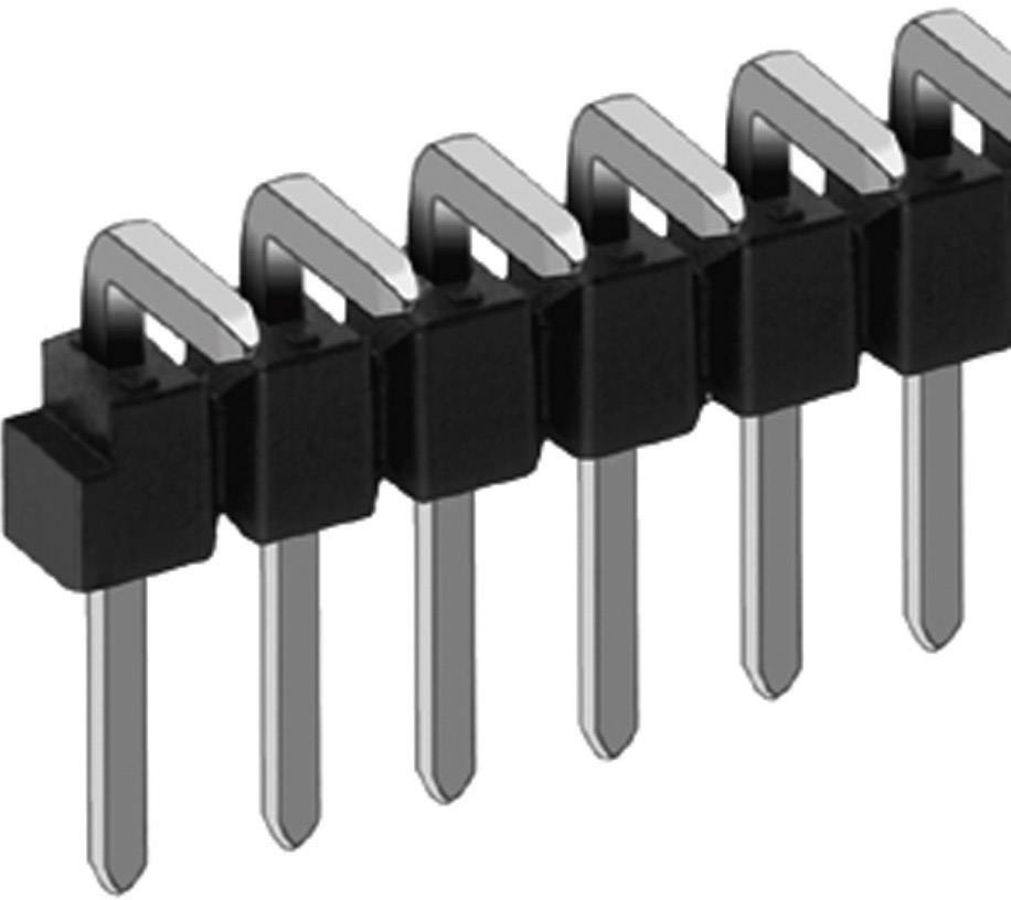 Barrette à broches métalliques à huit broches, de couleur noire, pour connexions électroniques. Les broches sont coudées pour le montage sur circuit imprimé.