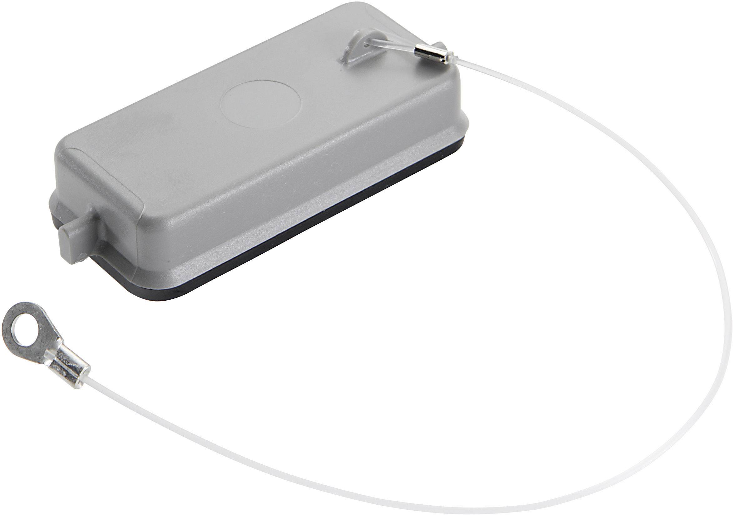 Capuchon de protection rectangulaire gris avec fil de fixation, utilisé pour couvrir et sécuriser les connexions électriques.