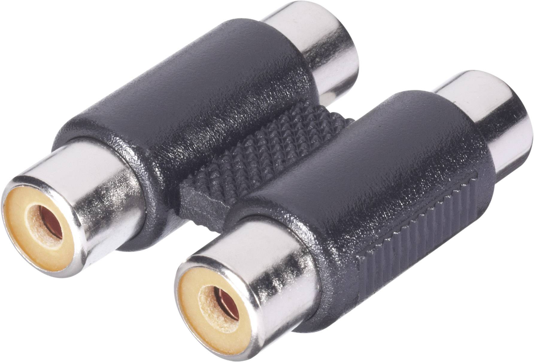 Adaptateur RCA noir avec deux connexions femelles pour relier des appareils audio.