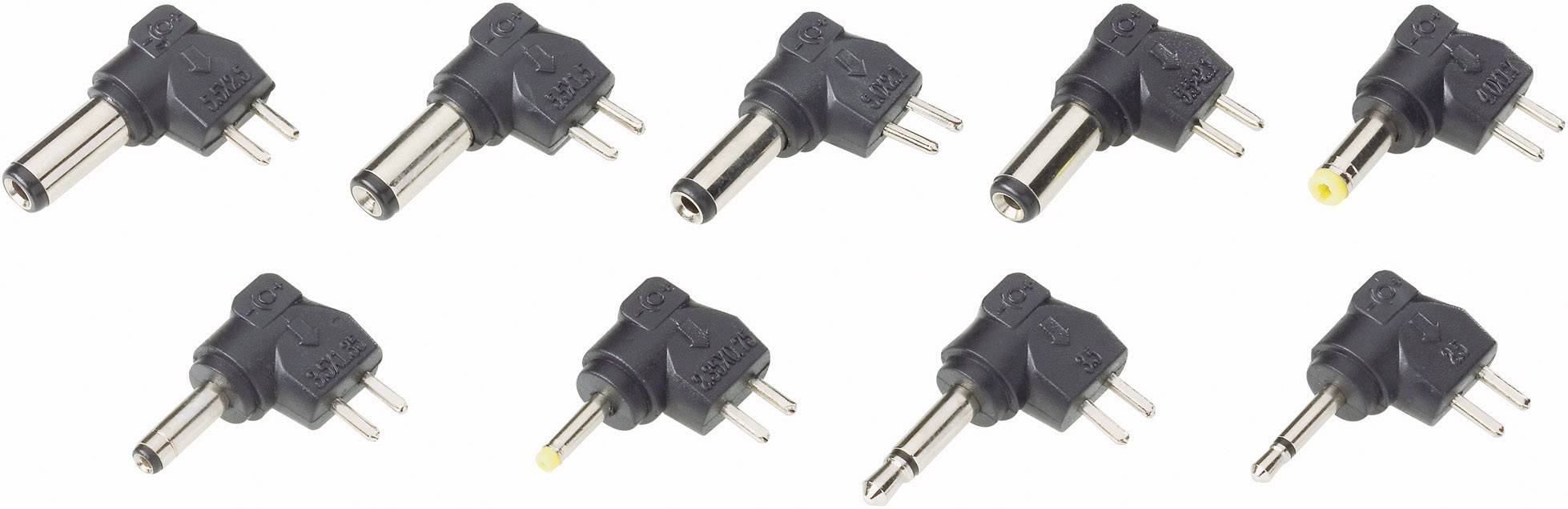 Huit adaptateurs secteur noirs différents avec des broches métalliques, alignés en rang. Chaque adaptateur présente une forme et une taille légèrement différente.