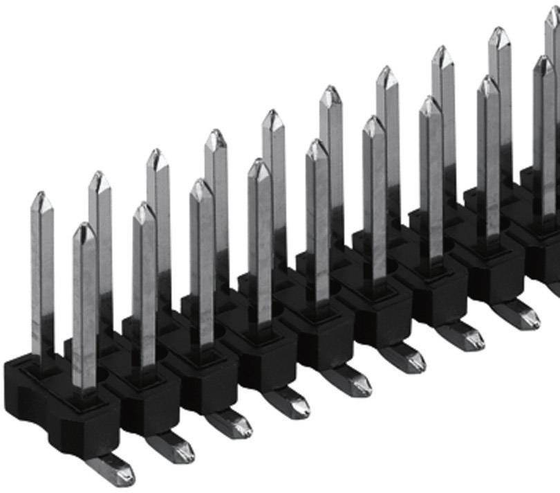 Plusieurs rangées de broches de connexion métalliques avec base noire, utilisées pour les connexions électroniques sur les circuits imprimés.