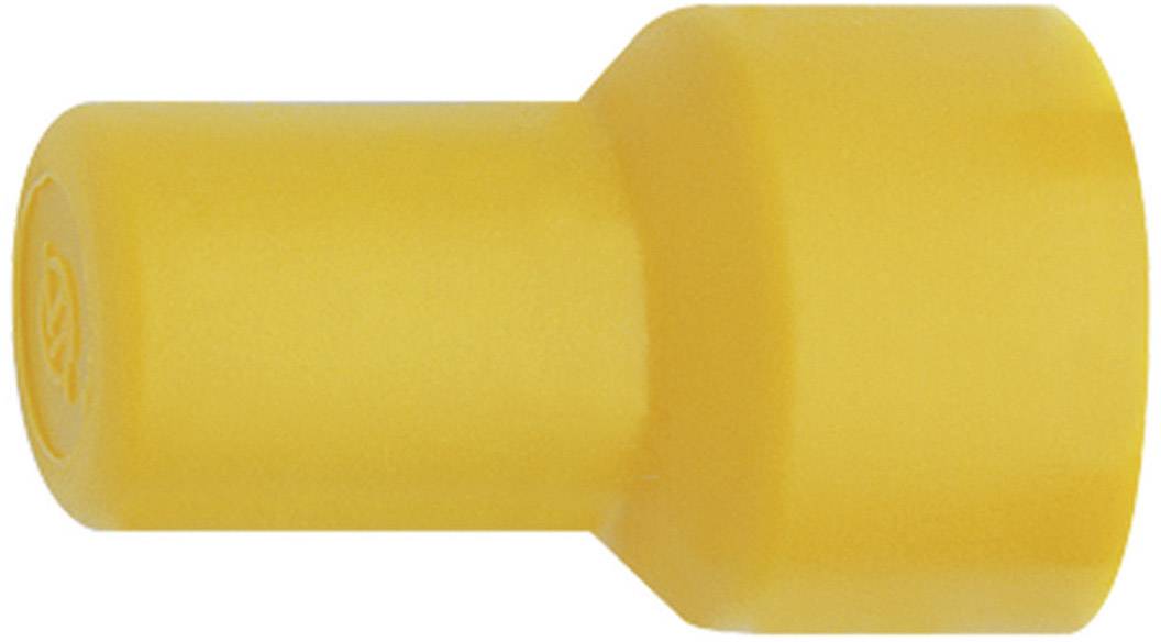 Fiche de connexion cylindrique en plastique jaune, couramment utilisée dans les applications électriques pour sécuriser les connexions de câbles.