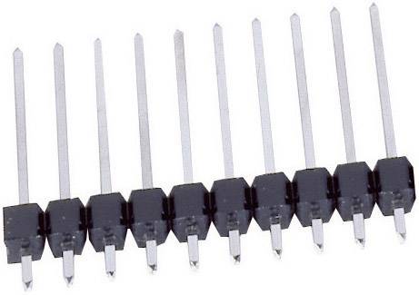 Une rangée de onze broches métalliques dans des boîtiers noirs, disposées parallèlement en ligne, probablement un module de connecteur électronique.