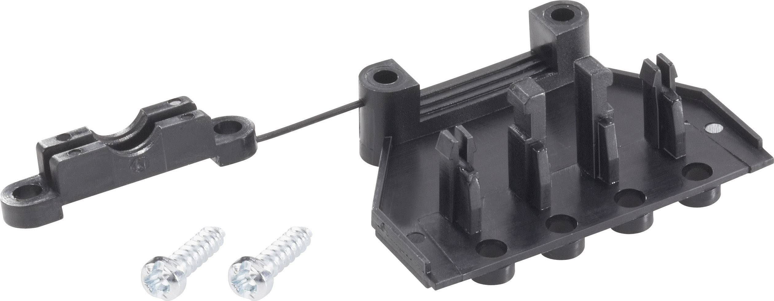 Pièce en plastique noir avec cinq broches verticales, reliée à une petite pièce, deux vis argentées sont posées à côté.