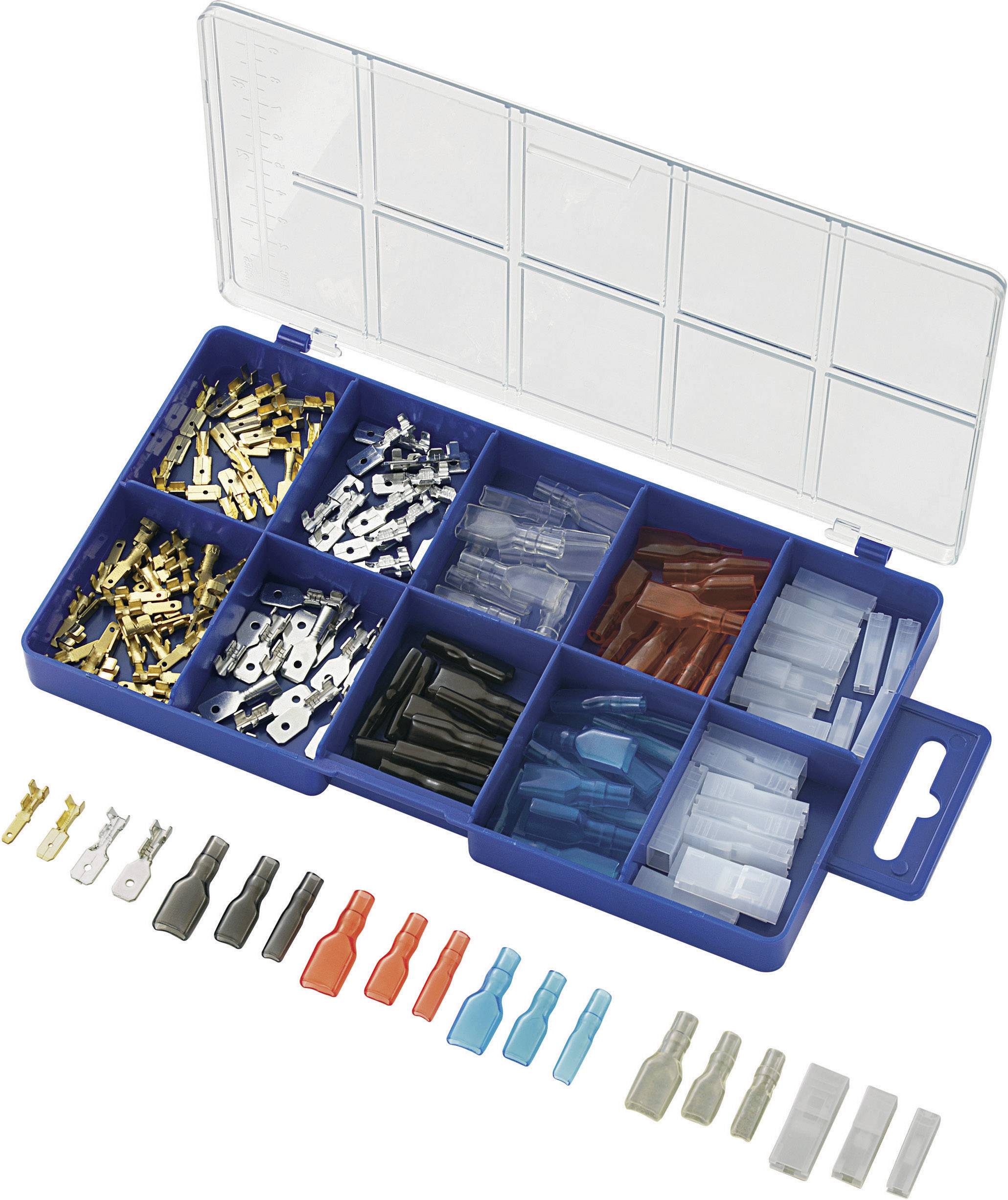 Ensemble de cosses plates isolées de différentes couleurs et tailles, triées dans un boîtier en plastique bleu à couvercle ouvert.