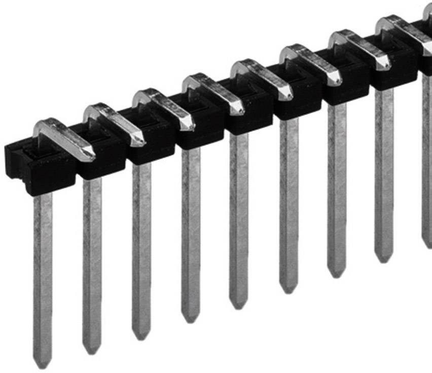 Une rangée de broches métalliques argentées, disposées verticalement et reliées par une barre en plastique noir en haut. Il s'agit de contacts enfichables.