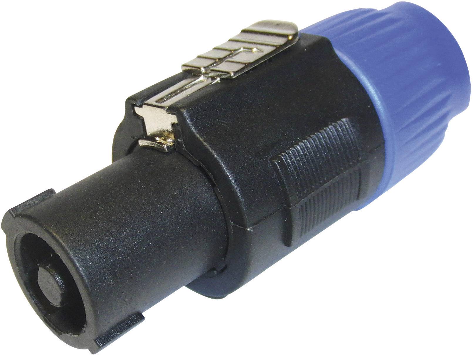 Un connecteur Speakon bleu et noir, couramment utilisé pour raccorder des enceintes aux amplificateurs dans les systèmes audio.