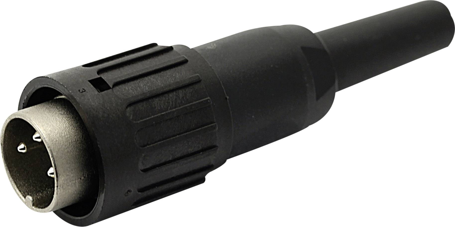 Un connecteur DIN noir à 5 broches pour appareils audio, avec une poignée striée et un raccordement métallique, isolé sur fond blanc.