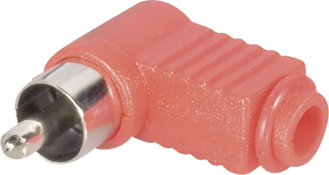 Un adaptateur audio rouge coudé avec une interface de connexion RCA mâle et femelle.