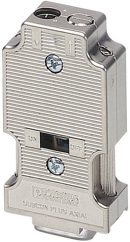 Module de connecteur métallique avec vis, levier et marquages en flèches. Un logo d'entreprise est situé en haut, et en bas est inscrit 'SILKON PLUS AXIAL'.