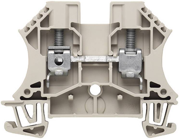 Un bloc de bornes à peignes gris avec deux connexions à vis et des supports, utilisé dans les armoires électriques pour le raccordement des câbles.
