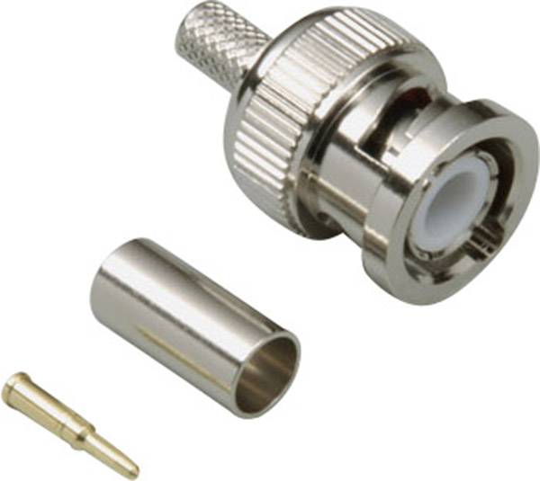 Un connecteur BNC avec manchon et broche de contact. Le connecteur dispose d'un boîtier métallique et est fréquemment utilisé pour les câbles coaxiaux.