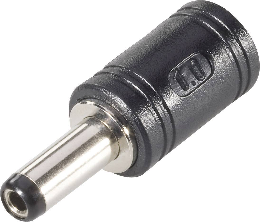 Gros plan d'un connecteur DC noir avec un embout argenté, indiquant la taille '1.0'.