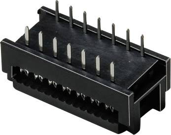 Connecteur rectangulaire noir avec plusieurs broches métalliques sortant de sa surface supérieure. Adapté pour les connexions électroniques.