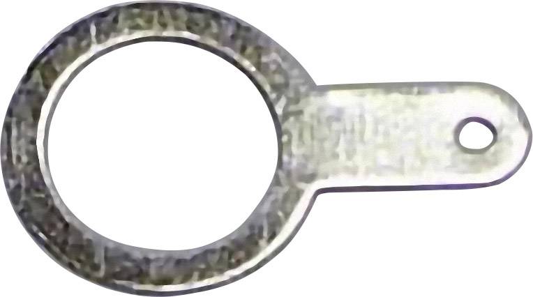 Un anneau de métal argenté, plat, avec une longue poignée étroite et un petit trou à l'extrémité de la poignée.