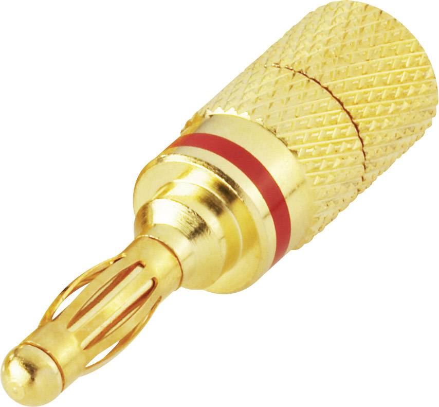 Un connecteur banane en métal doré, avec une poignée rainurée et un anneau rouge pour les connexions audio, est posé horizontalement.