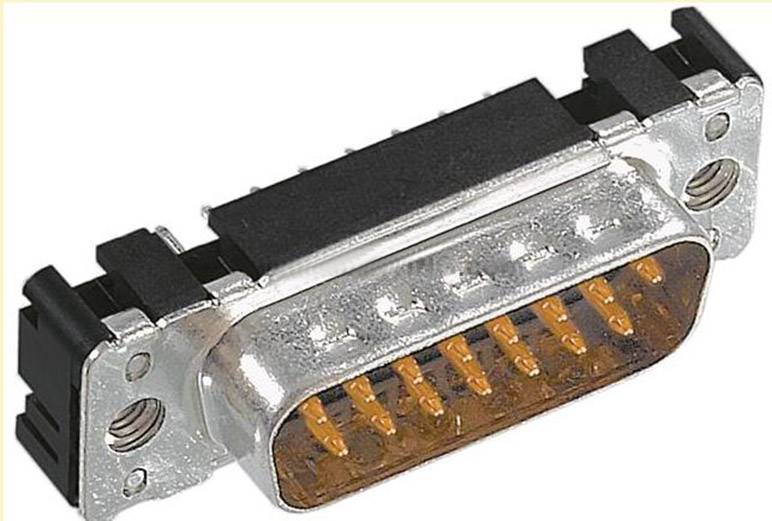 Un connecteur DB-15 avec un boîtier argenté et des broches orangées, souvent utilisé pour les connexions vidéo analogiques, notamment sur les câbles VGA.