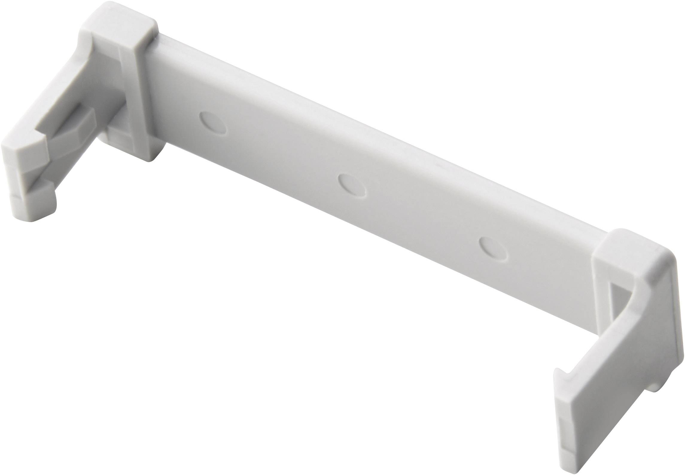 Un support d'angle en plastique blanc rectangulaire avec deux crochets à ses extrémités, utilisé pour la fixation ou le montage d'objets.