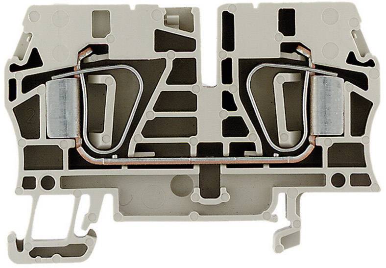 Un bloc de connexion gris en plastique avec des inserts métalliques pour la fixation de lignes électriques dans un coffret électrique.