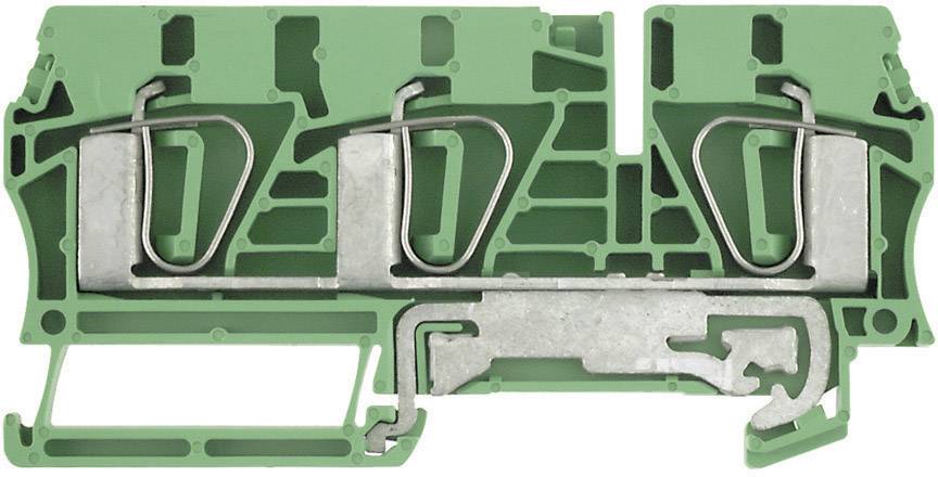 Bloc de connexion électrique vert avec connexions métalliques, montrant la structure interne et les éléments de guidage des câbles pour les installations électriques.