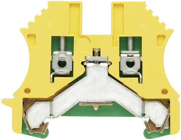 Bloc de bornes électrique sur rail DIN jaune, avec deux bornes à vis et connexions métalliques, pour installations électriques.