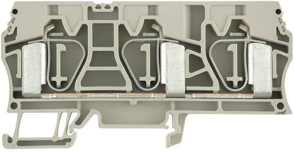 Un bloc de jonction électrique gris avec deux points de connexion et des contacts métalliques pour relier des câbles dans des armoires électriques.