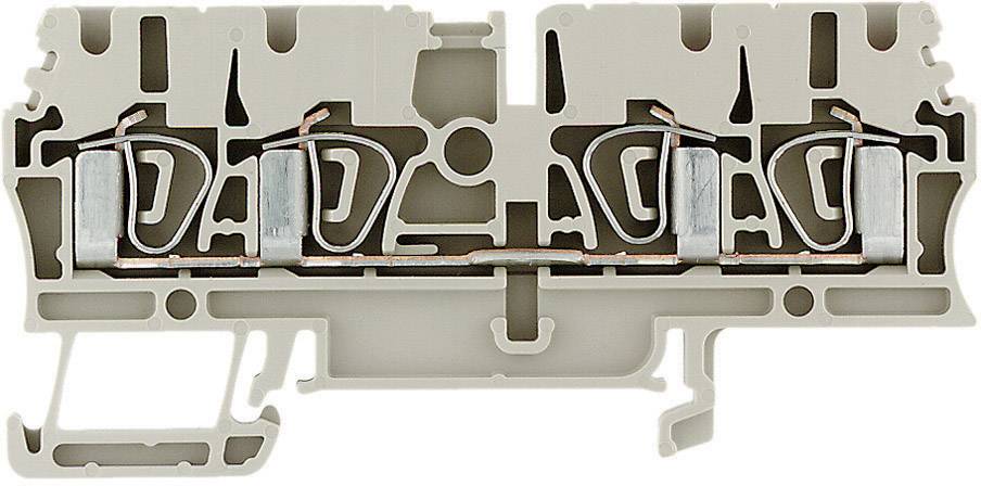 Un module de borne de jonction à double niveau gris avec quatre connexions métalliques internes pour le câblage dans les installations électriques.