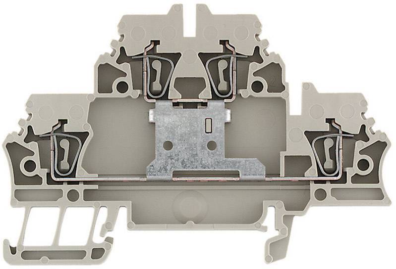 Coupe transversale d'un bloc de bornes à vis gris avec contacts métalliques et connexions à vis, montrant les détails de sa structure interne.