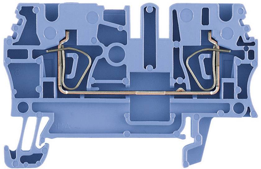 Boîtier de connexion en plastique bleu avec conducteur en cuivre inséré ; utilisé pour la connexion électrique.