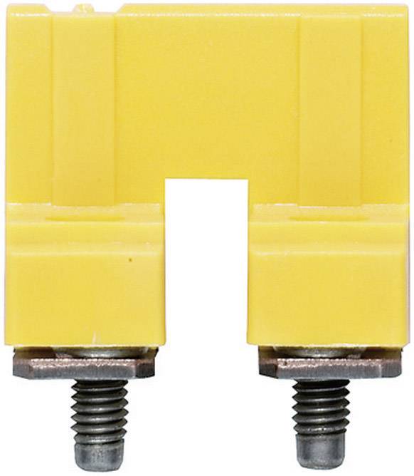 Fiche de sécurité jaune avec deux vis métalliques en bas, couramment utilisée dans les circuits électriques.
