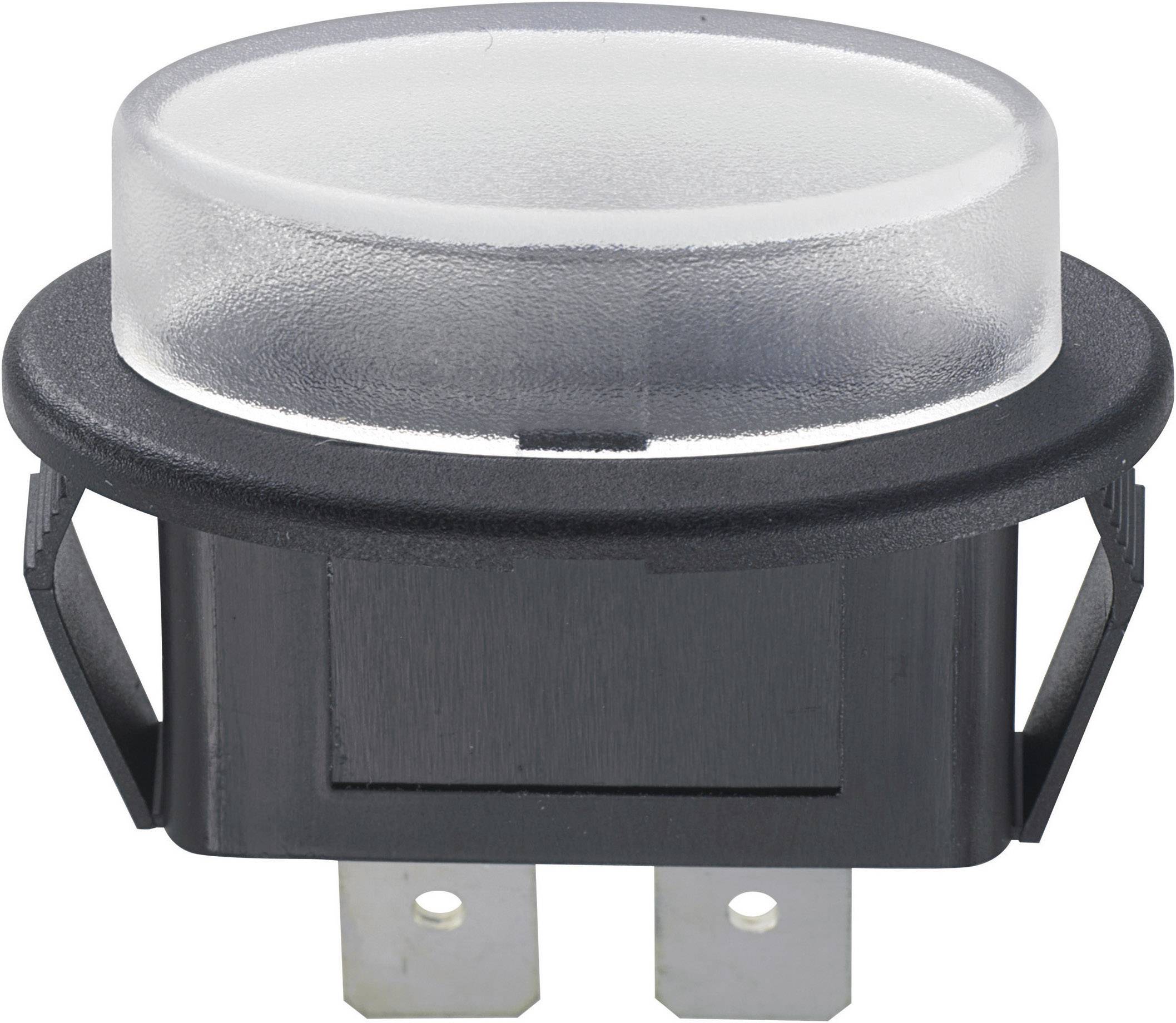 Un interrupteur à bouton-poussoir rond, illuminé, avec un boîtier transparent et deux bornes métalliques, adapté aux circuits électriques.