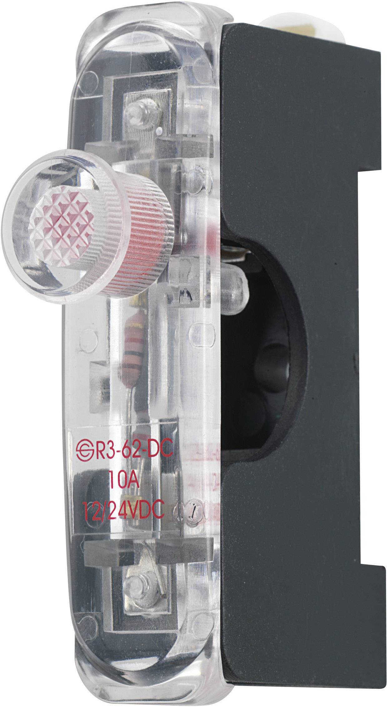 Bouton-poussoir électrique avec boîtier transparent et indicateur lumineux rouge. Étiqueté 'R3-62 DC 10A 12/24VDC'.