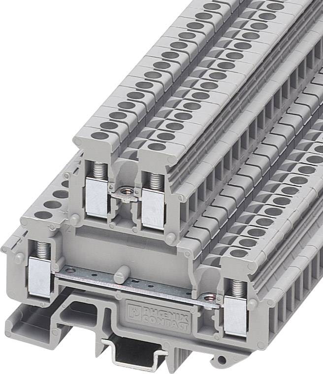 Barrette de connexion modulaire grise à plusieurs niveaux avec connexion latérale, adaptée aux câblages industriels dans les armoires électriques.