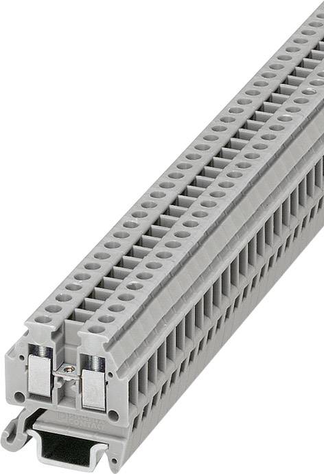 Barrette de bornes grise avec plusieurs connexions, utilisée pour les raccordements électriques. Conçue de manière claire et structurée, compacte.