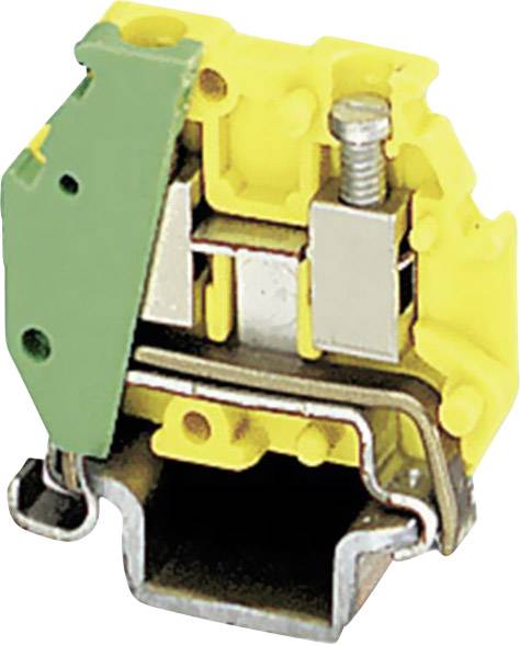 Un bloc de bornes à vis vert et jaune montre les contacts métalliques internes et isole les câbles électriques.