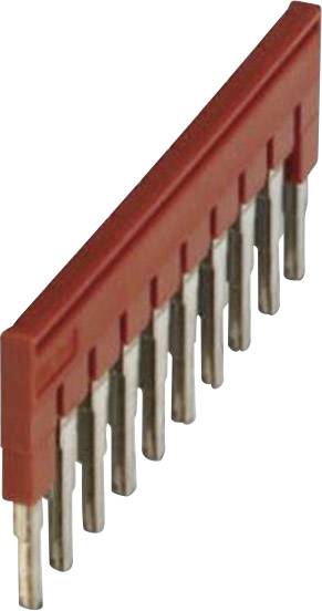 Un peigne à broches décalées rouge avec dix broches métalliques, utilisé pour les connexions électriques sur les circuits imprimés.