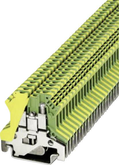 Une pile de bornes de jonction jaune-vert sur une base métallique.