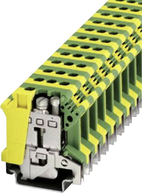 Blocs de bornes de couleur jaune-verte, empilables et utilisés pour le câblage électrique. Composant électronique ou de coffret électrique.