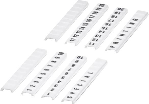 Des rails en plastique blanc avec des numéros et des lettres noirs imprimés, disposés côte à côte, dans un format de numéro de série et de PRIMING.