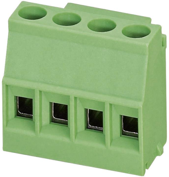 Connecteur multipolaire vert à quatre pôles, couramment utilisé dans les applications électriques ou électroniques pour assurer une connexion de câble sécurisée.