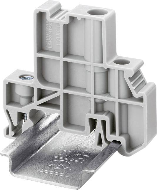 Bloc de connexion électrique gris monté sur un rail DIN métallique. Utilisé pour connecter des câbles électriques dans les armoires électriques.