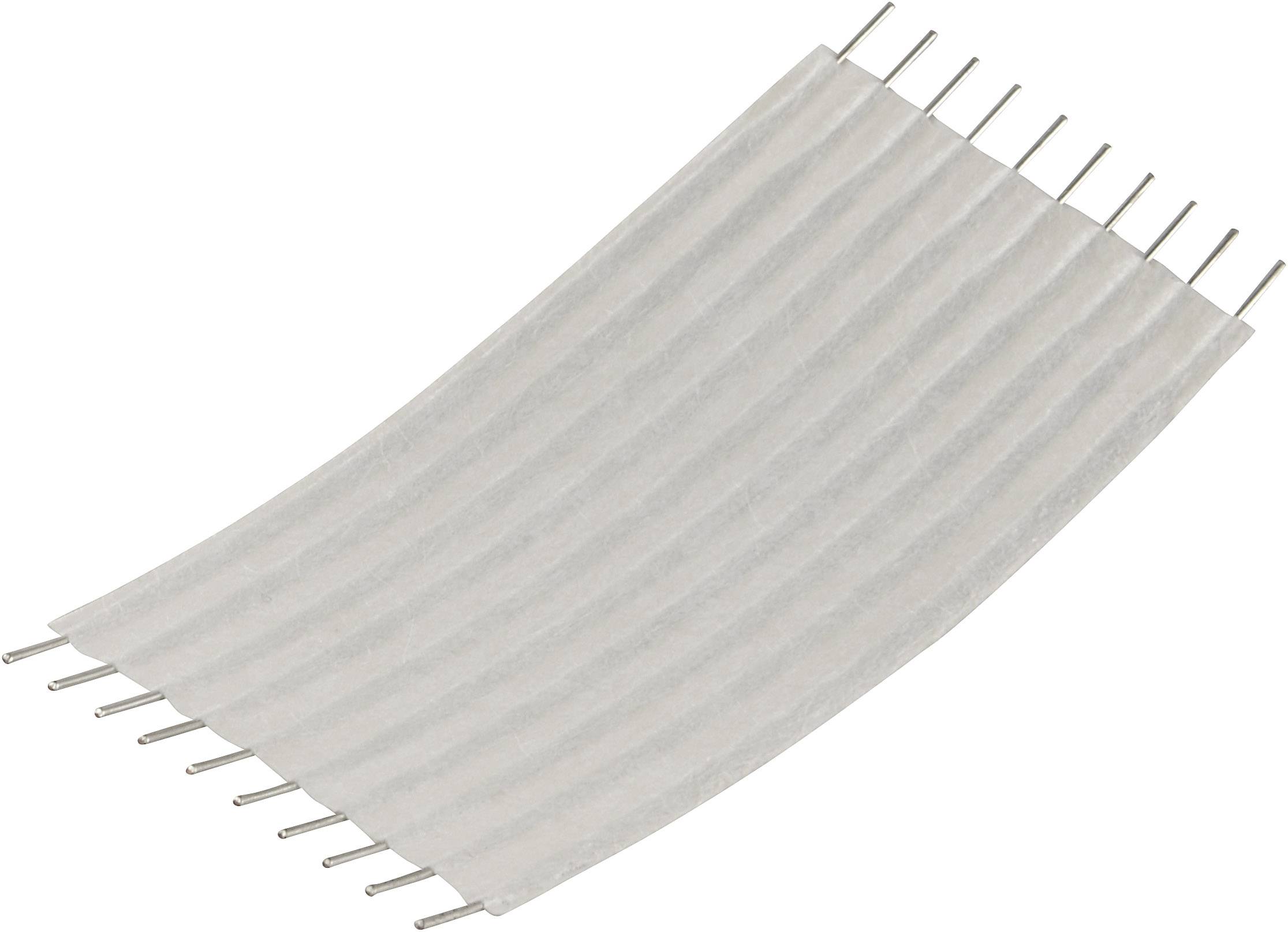 Une bande de câble blanche flexible avec des broches métalliques dépassant des deux côtés à intervalles réguliers.